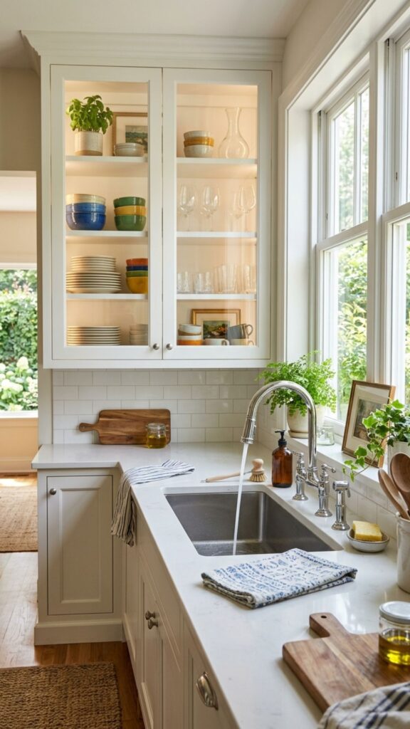 1. Glass Front Cabinets Above the Sink