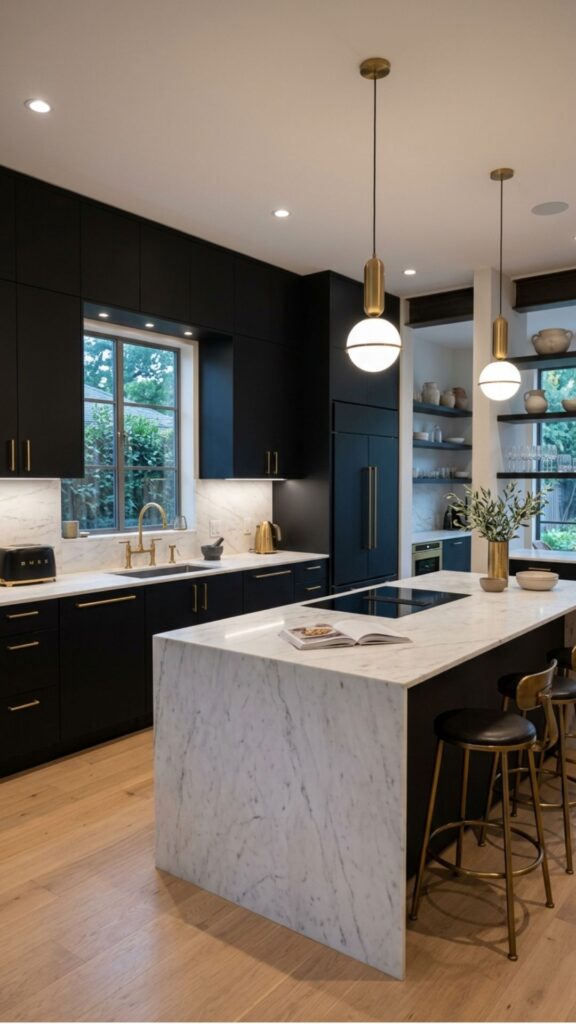 1. Matte Black Cabinets With Marble Countertops