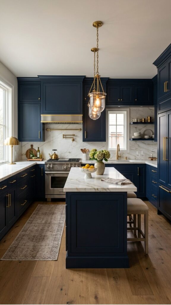 1. Navy Blue Cabinets With Gold Hardware