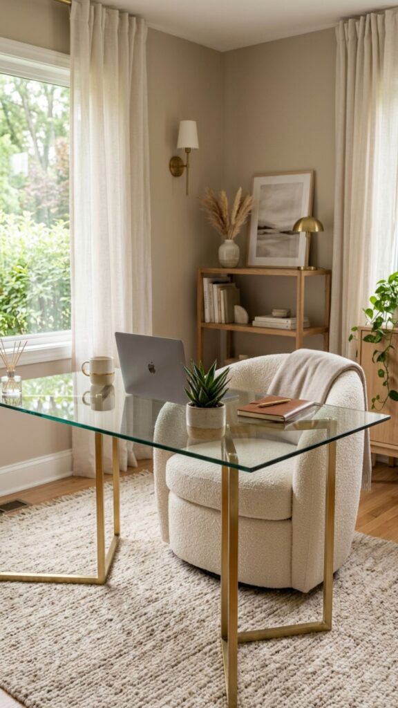 1. Pair a Glass Desk With a Cream Bouclé Chair