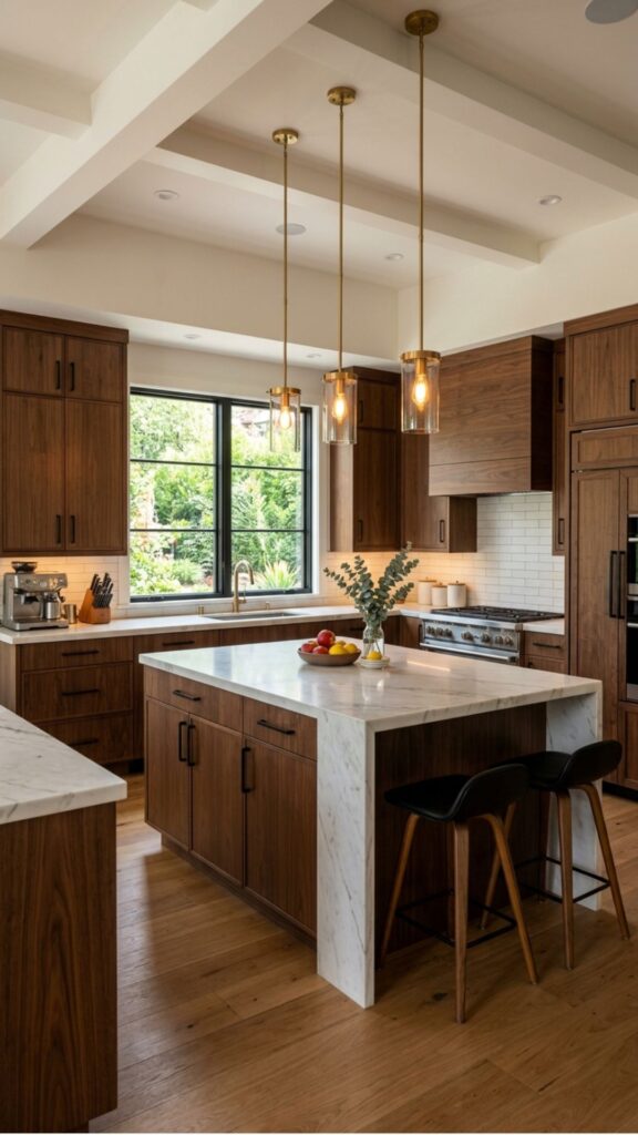 1. Rich Walnut Brown Cabinets with Modern Hardware