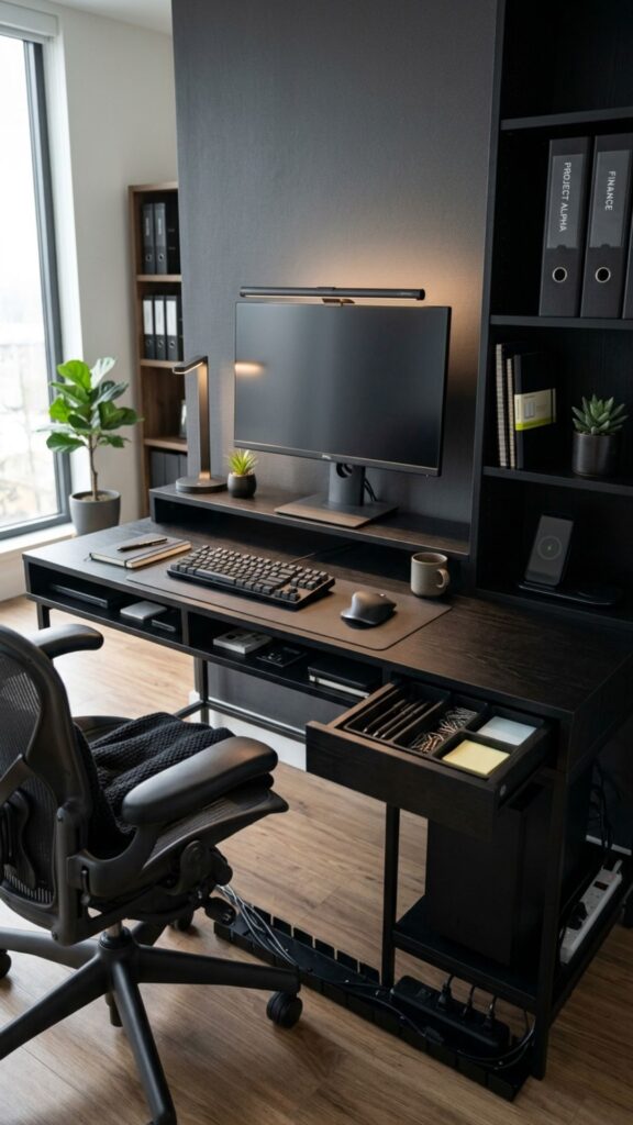 10. Add Smart Storage Around Your Black Desk