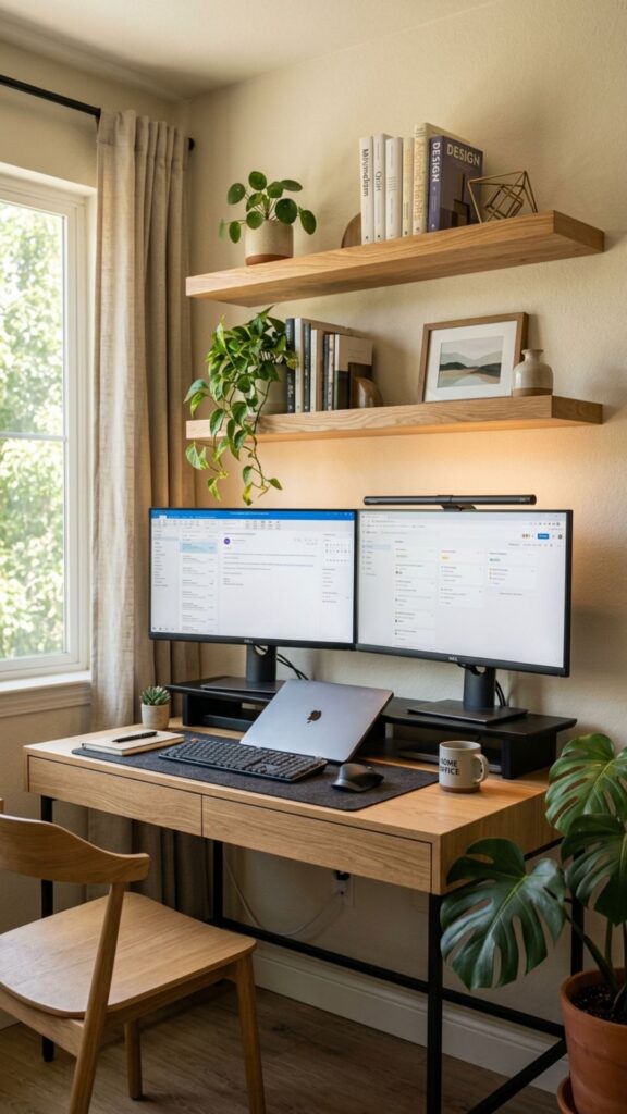 10. Combine Dual Monitors With Floating Shelves