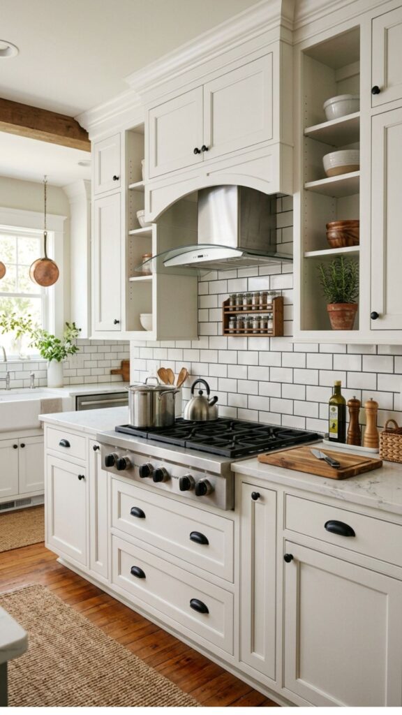 10. Farmhouse Cabinets With Subway Tile Backsplash