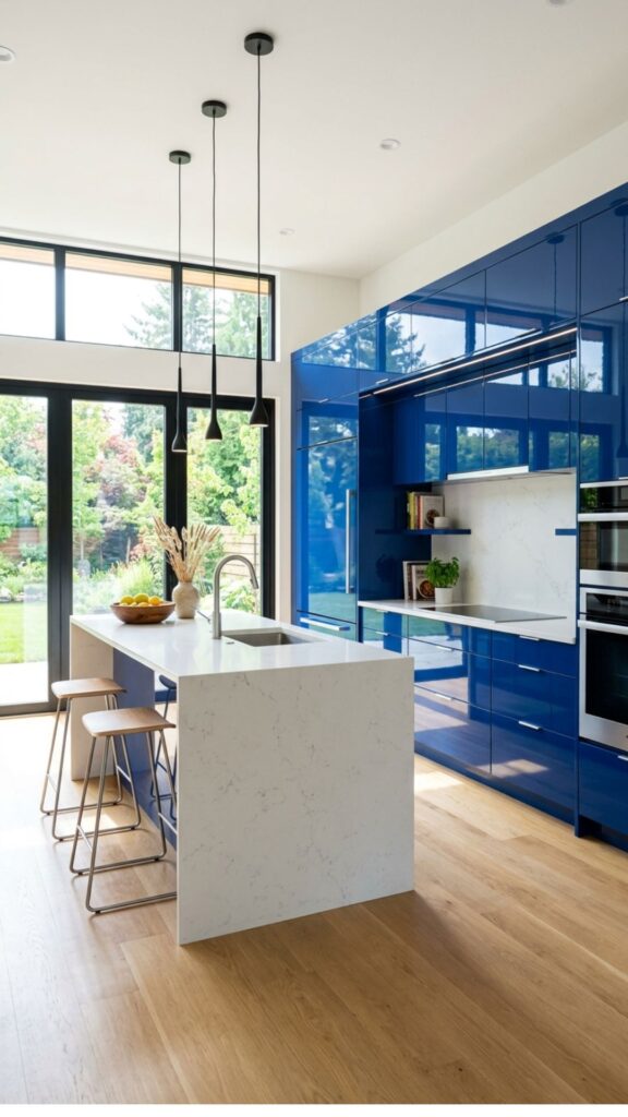 10. Glossy Blue Cabinets For Modern Kitchens