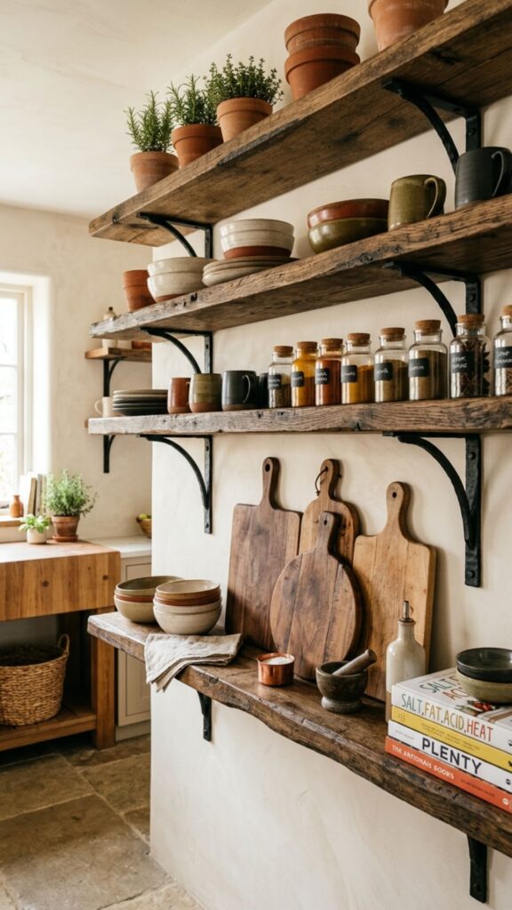 10. Include Open Shelving in Aged Wood