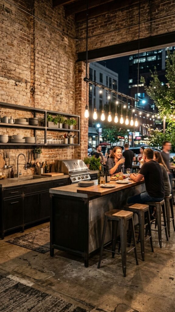 10. Industrial Metal and Brick Kitchen