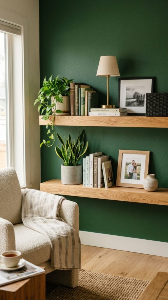 10. Install Floating Shelves on Green Walls