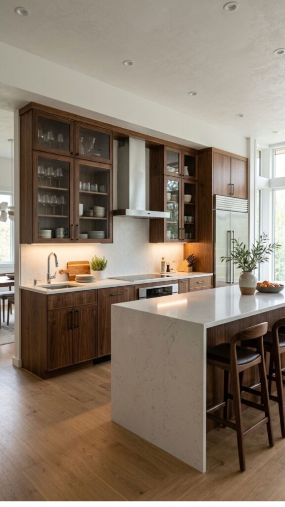 10. Modern Brown Cabinets with Glass Doors