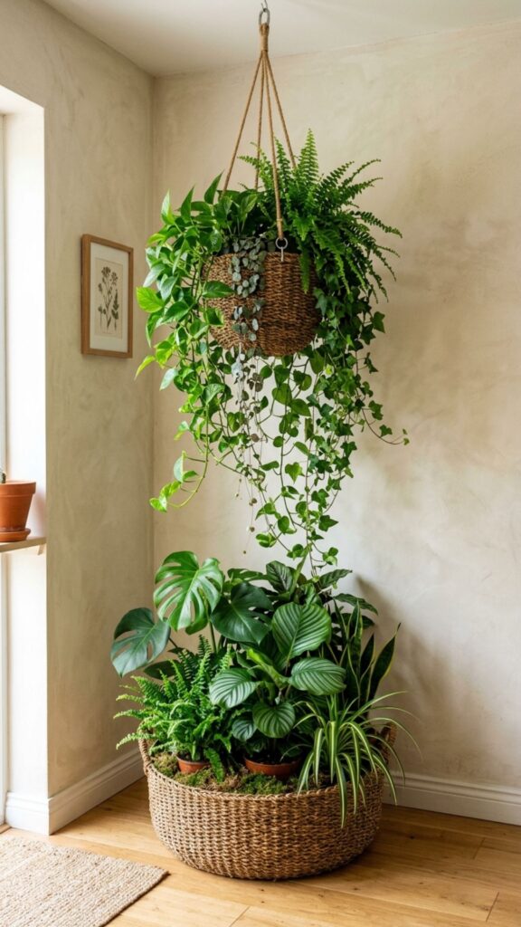 10. Pair Hanging Plants with Potted Ones Below