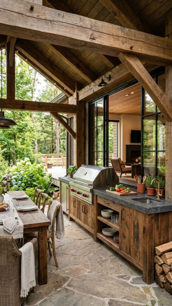 10. Rustic Timber Kitchen With Sliding Glass Panels