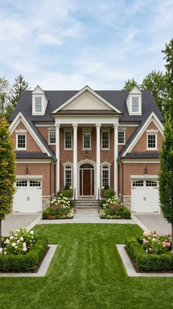 10. Symmetrical Porch Flanked by Twin Garages