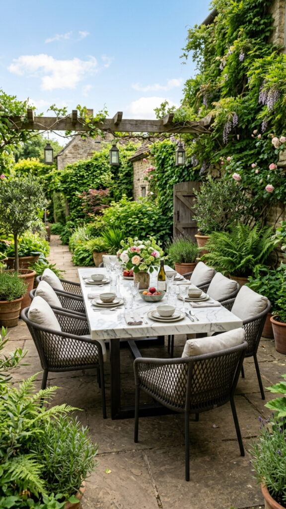 11. Marble-Topped Outdoor Dining Table