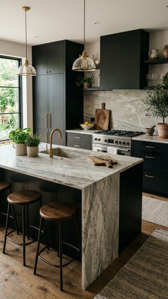 11. Black Cabinets With Natural Stone Elements