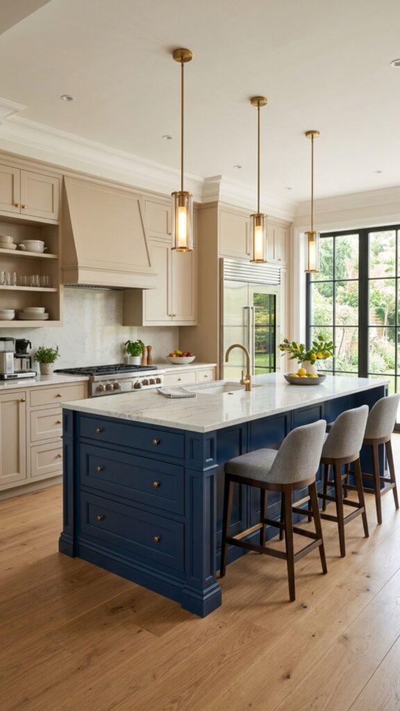 11. Blue Kitchen Island With Neutral Cabinets