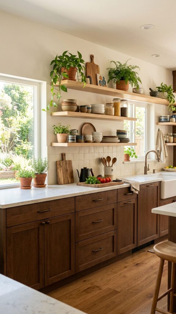 11. Brown Cabinets with Open Shelving