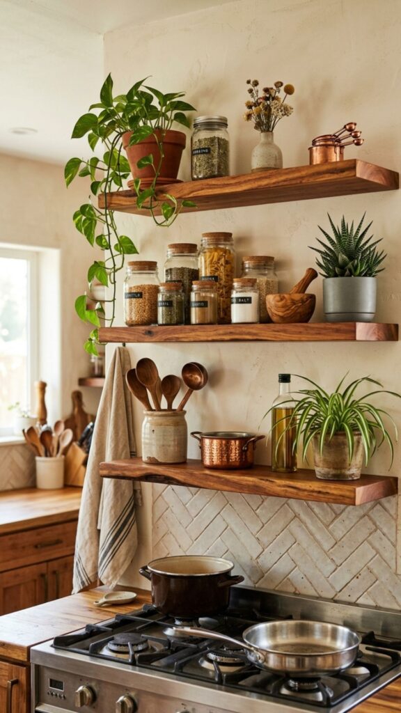 11. Floating Wooden Shelves Above Stove