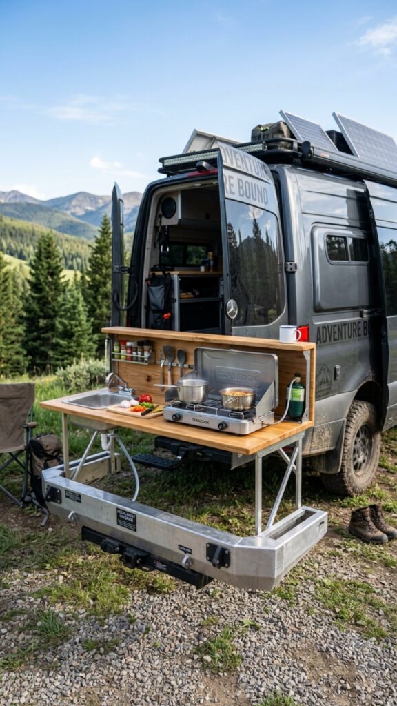 11. Fold-Down Bumper Kitchen — Turn Dead Space Into a Station