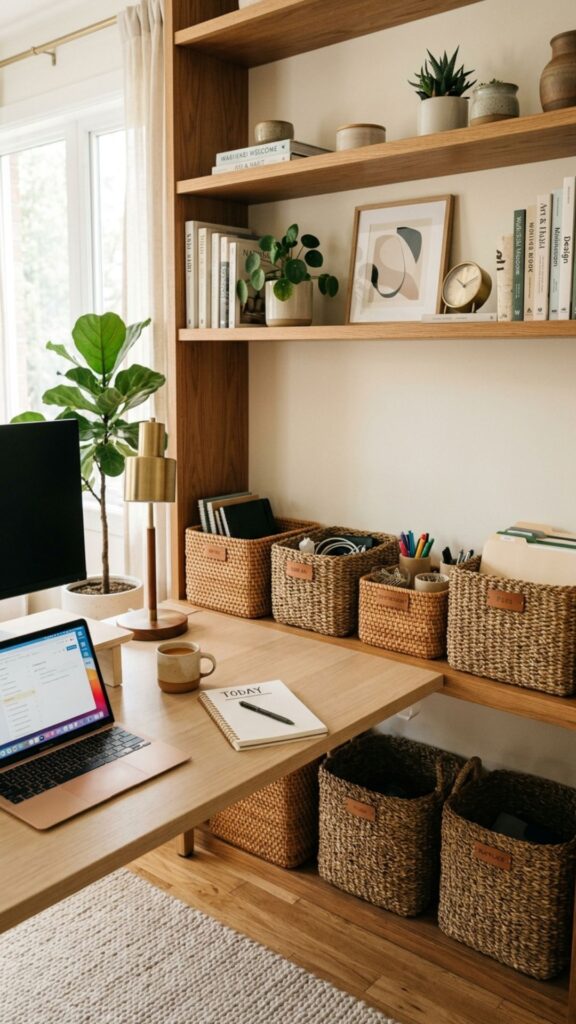 11. Hide Office Supplies in Woven Baskets