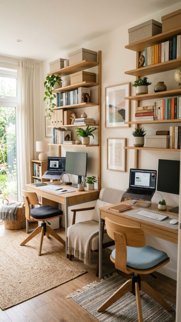 11. Install Floating Shelves Above the Desks