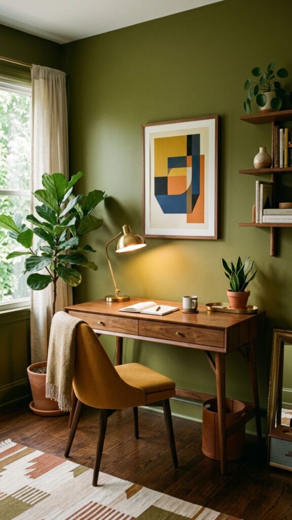 11. Try Green Walls With a Mid-Century Modern Desk