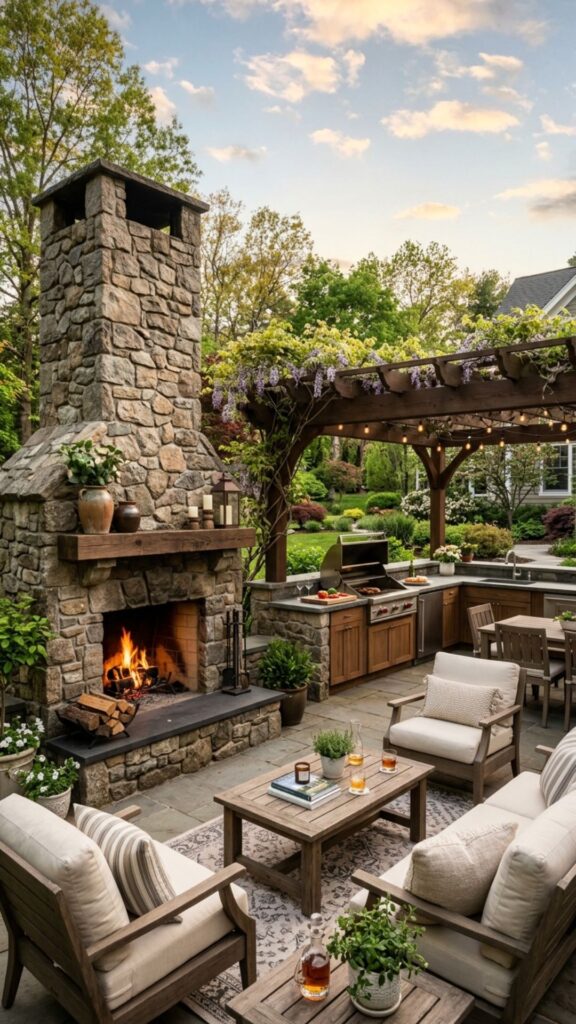 12. Add a Stone Fireplace Beside the Kitchen