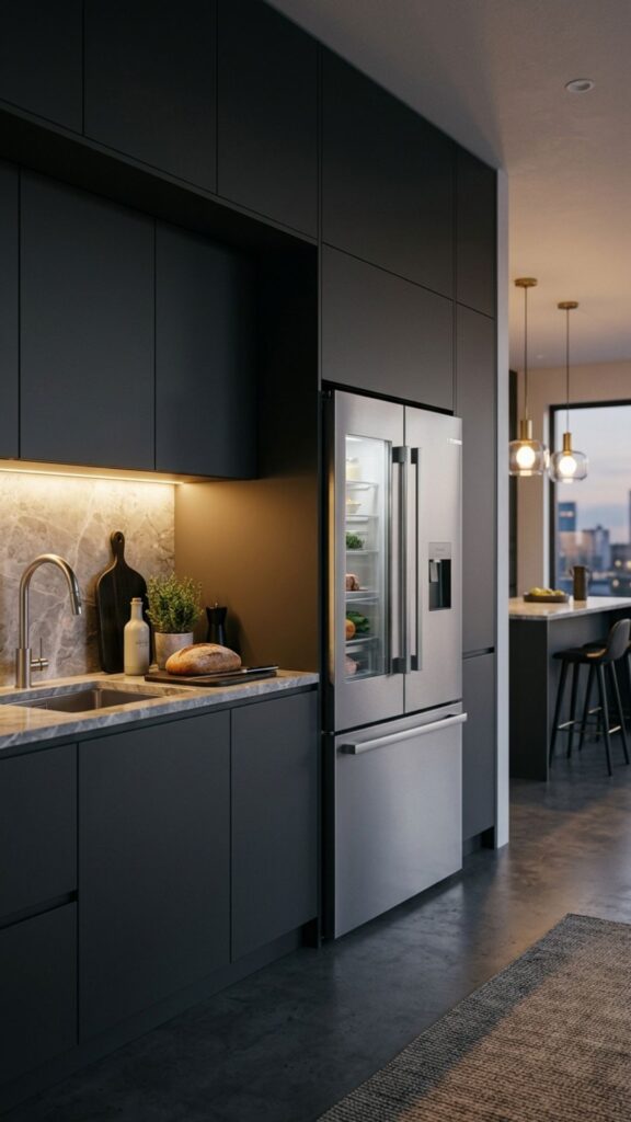 12. Dark Cabinet Design Around Fridge