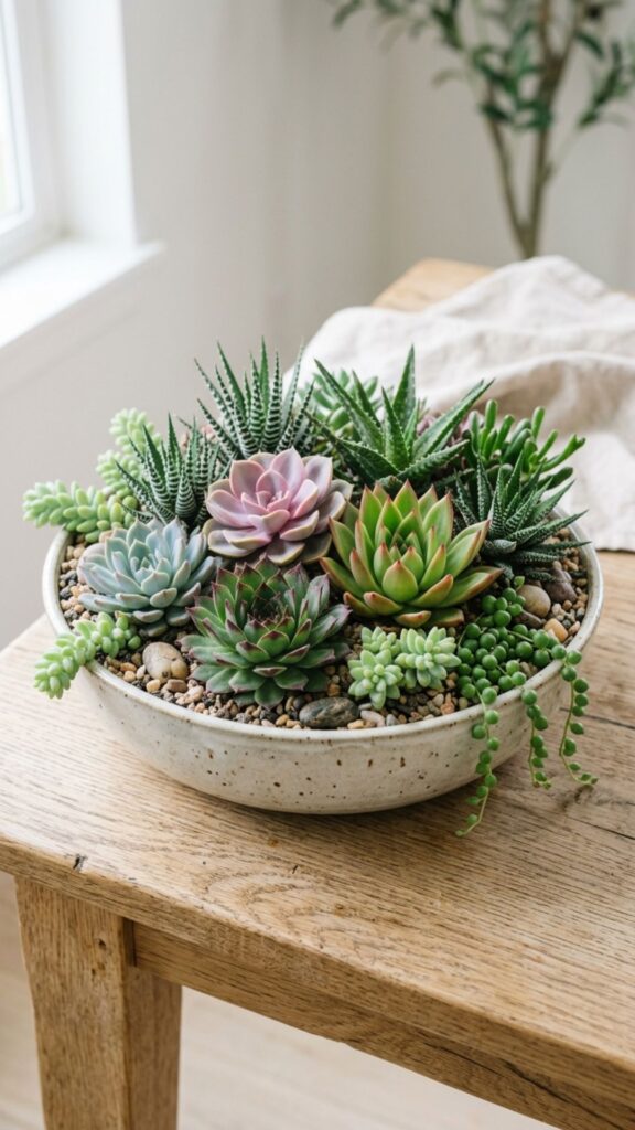 12. Mix Succulents in a Shallow Bowl