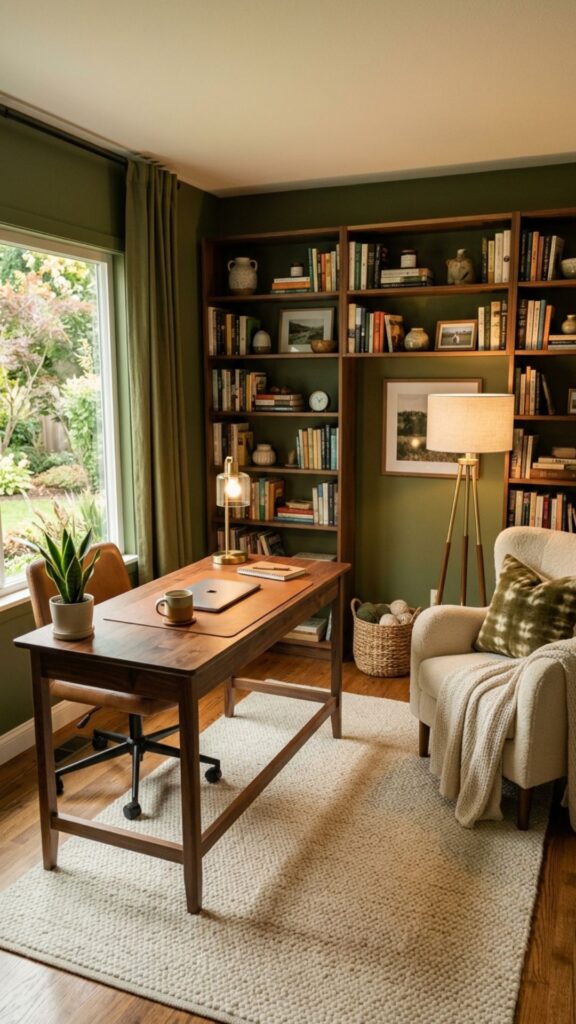 12. Olive Green for a Warm Earthy Office