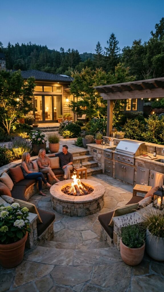 12. Sunken Fire Pit Lounge Beside the Grill