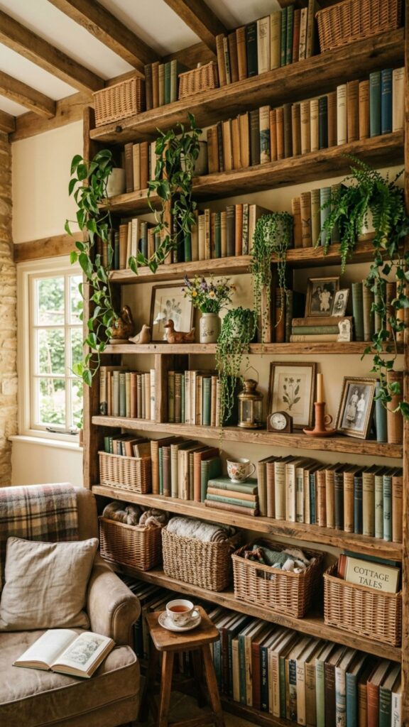 13. Add a Rustic Bookshelf Wall