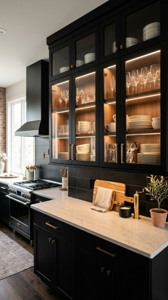 13. Black Cabinets With Glass Doors