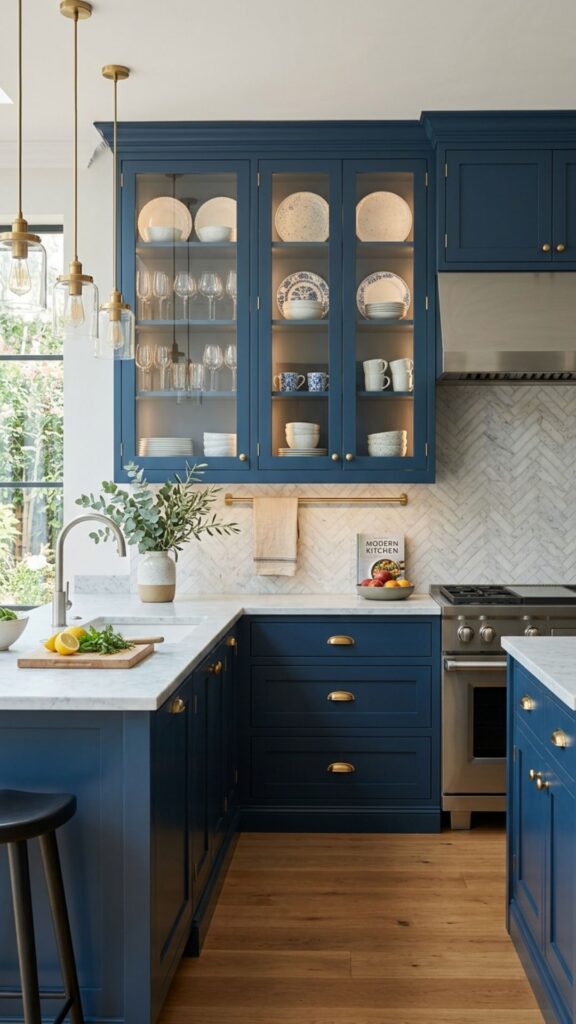 13. Blue Cabinets With Glass Doors