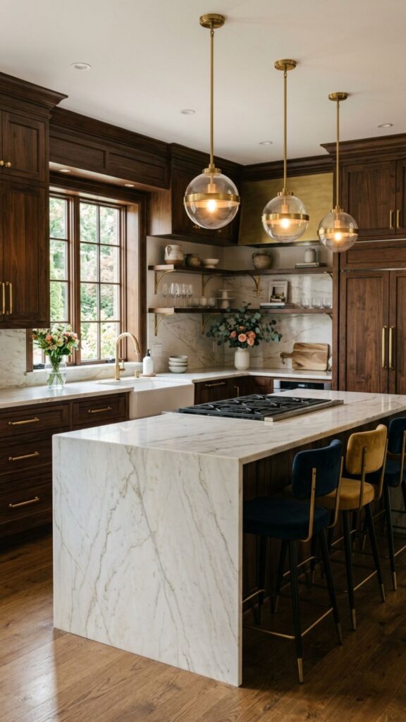 13. Brown Cabinets with Gold Hardware