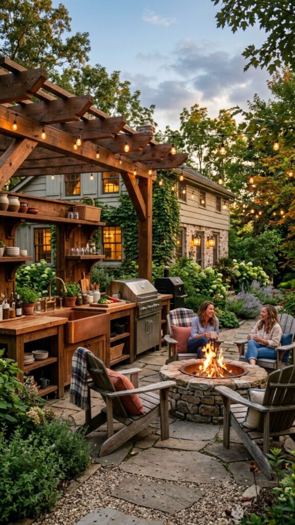 13. Farmhouse-Style Kitchen With Cozy Fire Pit