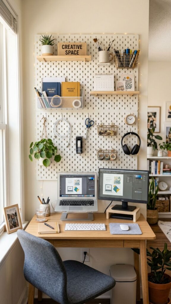 13. Use Pegboards for Flexible Wall Storage
