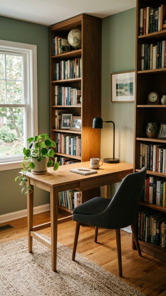 14. Add a Small Writing Desk Between Shelves