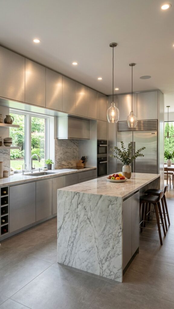 14. Aluminum Cabinets with Marble Countertops