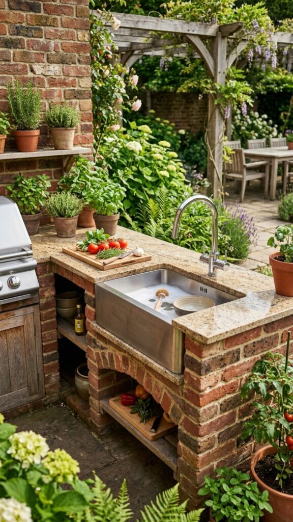 14. Brick Kitchen with an Outdoor Sink Station