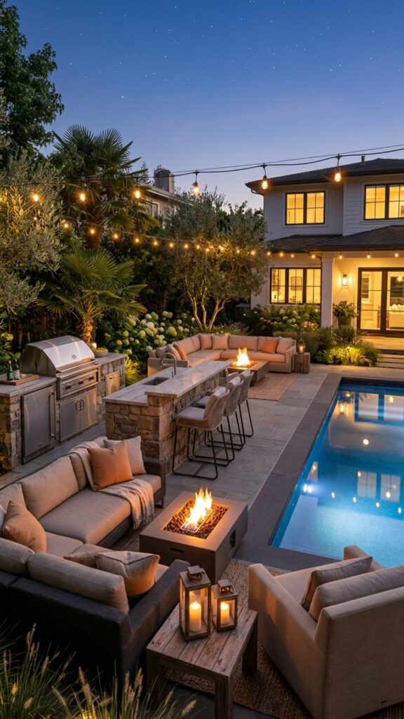 14. Build a Kitchen Near a Fire Pit Lounge