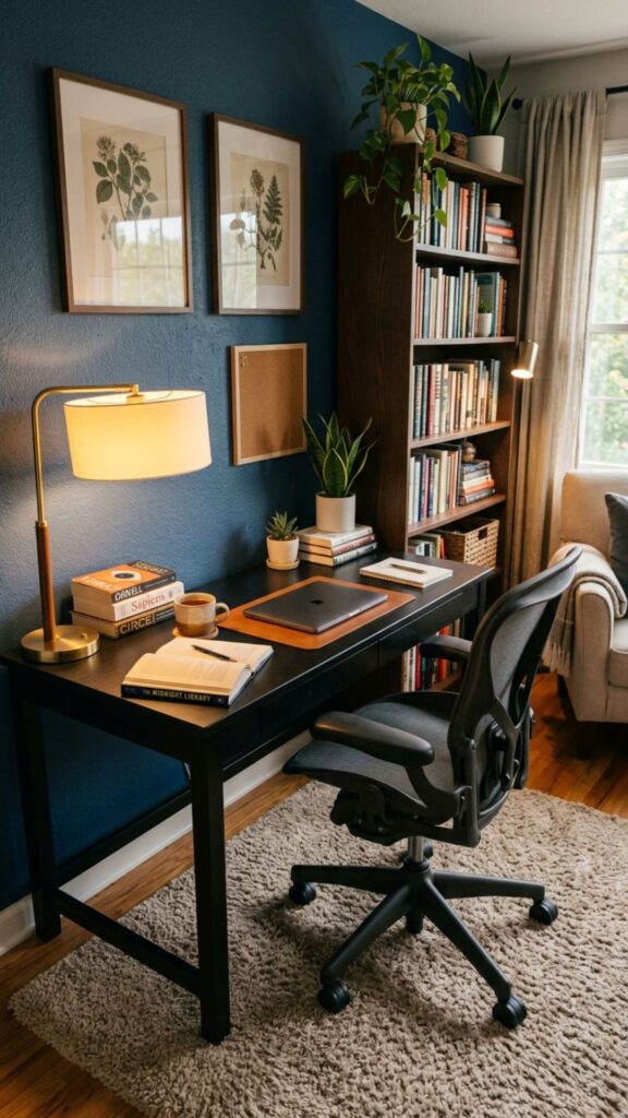 14. Create a Cozy Black Desk Reading and Work Area