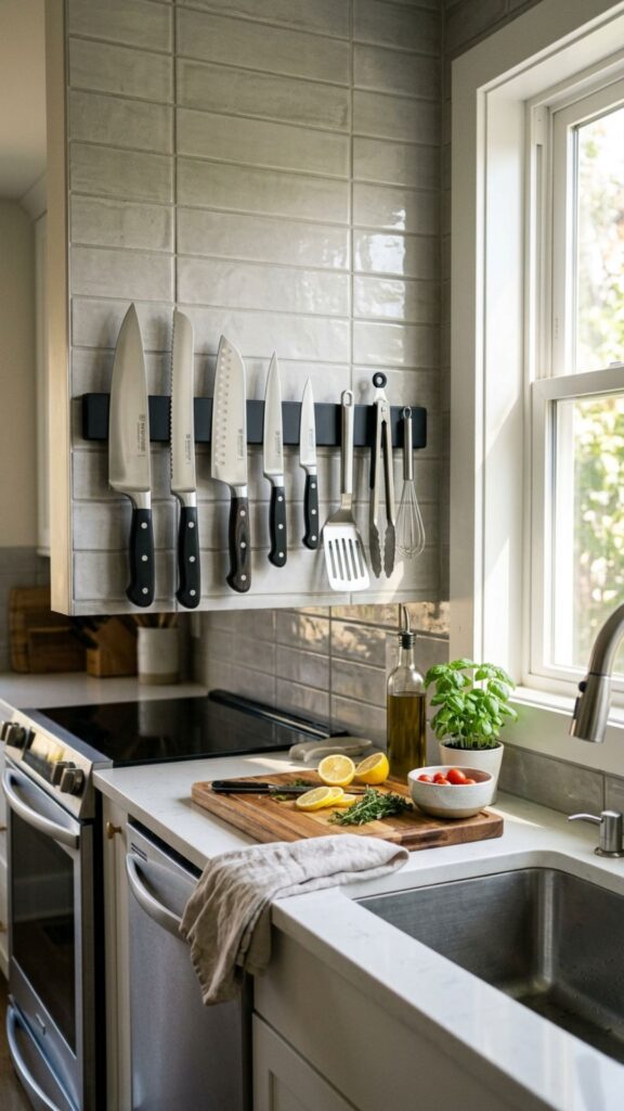 14. Use Magnetic Strips for Knives and Tools