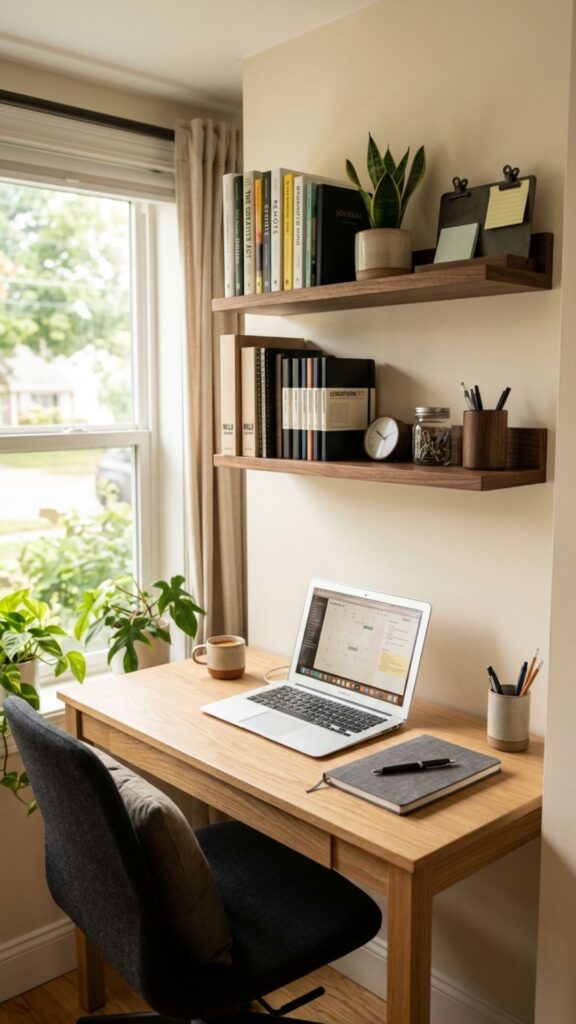 14. Use Wall-Mounted Bookshelves Above the Workspace