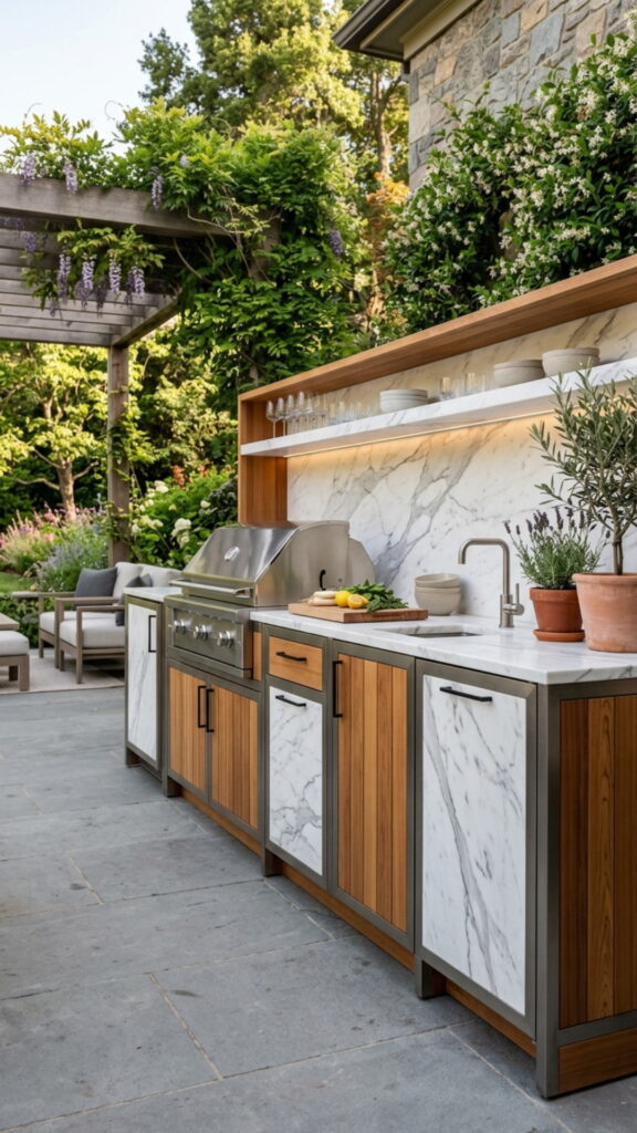 15. Marble Accent Panels on Cabinetry