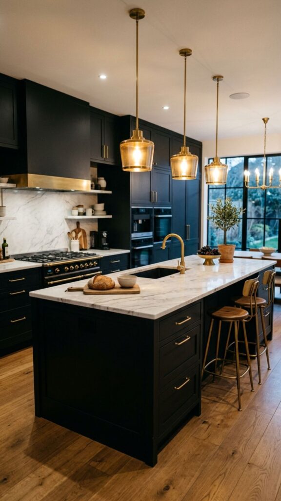15. Black Cabinets With Brass Lighting Fixtures