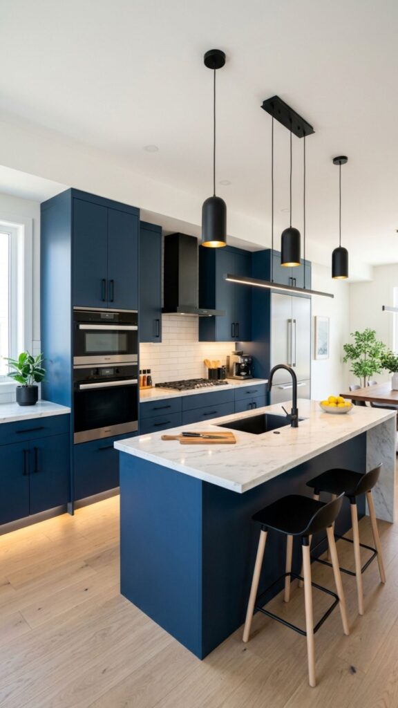 15. Blue Cabinets With Black Accents