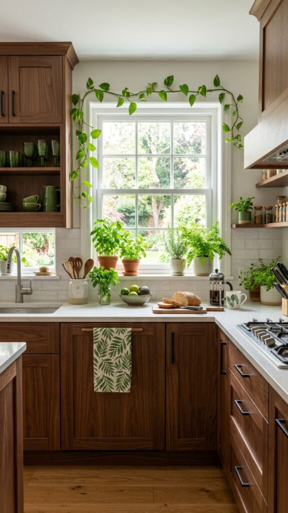 15. Brown Cabinets with Green Kitchen Accents
