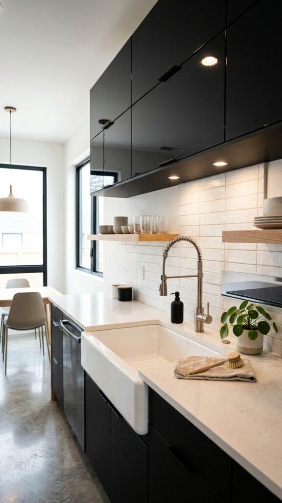 15. Modern Black Cabinets Above Sink