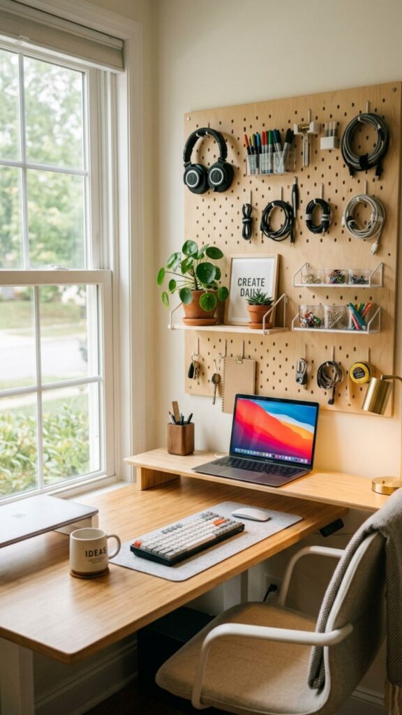 15. Pair an Elevated Table With a Pegboard Wall