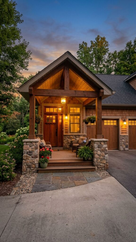 15. Porch With Stone Accents and a Stone Garage Base